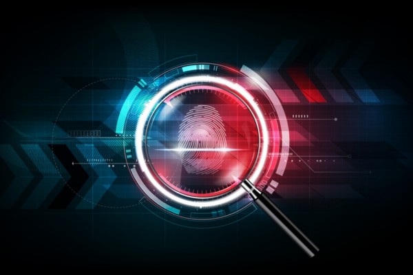Fingerprint, magnifying glass, data breach investigation